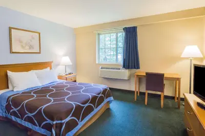 a hotel room with a bed and a desk and a television at Super 8 by Wyndham East Stroudsburg - Poconos in East Stroudsburg