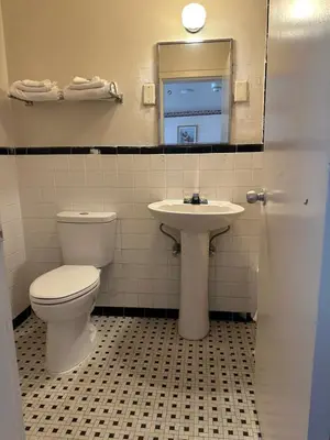 a bathroom with a toilet and a sink at Mark Twain Motor Inn in Elmira