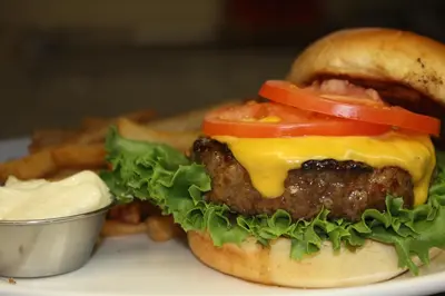 a hamburger with lettuce tomatoes and cheese and french fries at Waynebrook Inn in Honey Brook