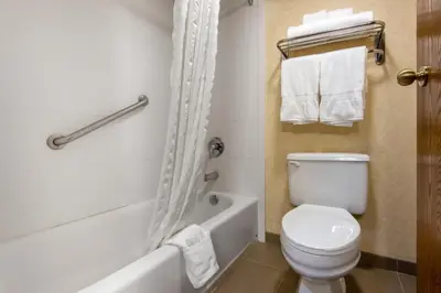 a bathroom with a toilet and a bathtub and towels at Quality Inn & Suites Mansfield in Mansfield