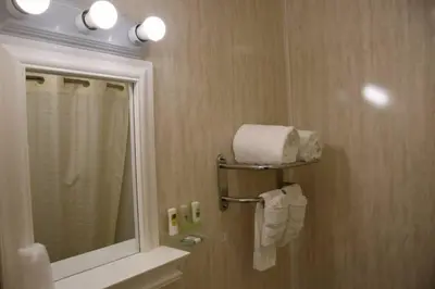 a bathroom with a mirror and a sink with towels at Relax Inn in Fisherville