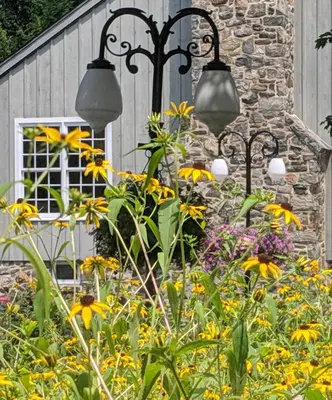 two lights in a garden with flowers at The Inn at Montchanin Village & Spa in Montchanin