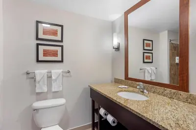 a bathroom with a sink and a toilet and a mirror at Comfort Inn & Suites Sayre in Sayre