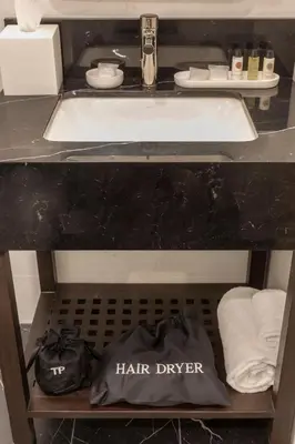 a sink in a bathroom with two bags on a shelf at Broadway Plaza Hotel in New York