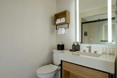 a bathroom with a toilet and a sink and a mirror at Sheraton Philadelphia University City Hotel in Philadelphia