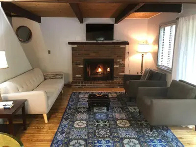 a living room with a couch and a fireplace at Cozy Cottage at Saw Creek in Bushkill