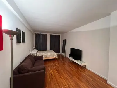 a living room with a couch and a television at great studio apt new york city in New York