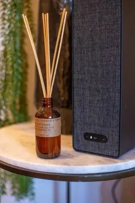 a bottle with sticks in it next to a speaker at Rail Park Studio at Kestrel Hotel in Philadelphia