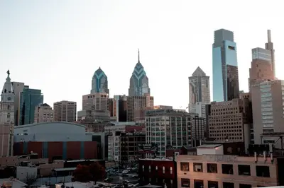 a view of a city skyline with tall buildings at Inquirer Studio at Kestrel Hotel in Philadelphia