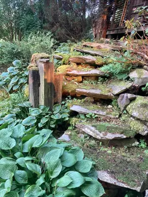 a garden with a stone wall and a wooden pathway at A River Runs Through It in East Branch
