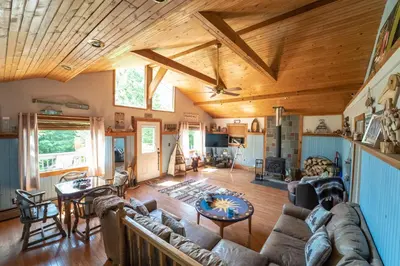 a living room with a couch and a table at Roscoe Cabin Pet friendly in Roscoe