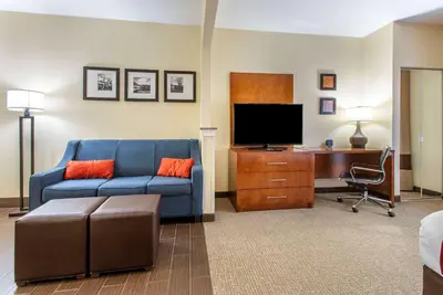 a living room with a blue couch and a tv at Comfort Suites Newark - Harrison in Newark