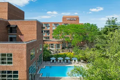 an aerial view of the westin hotel with a swimming pool at The Westin Princeton at Forrestal Village in Princeton