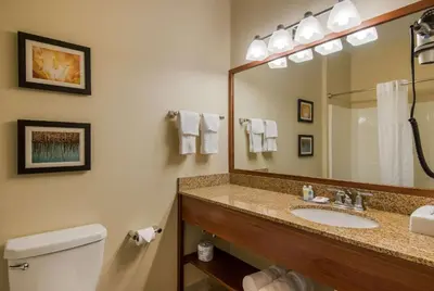 a bathroom with a sink and a mirror and a toilet at Comfort Inn & Suites Barnesville - Frackville in Barnesville