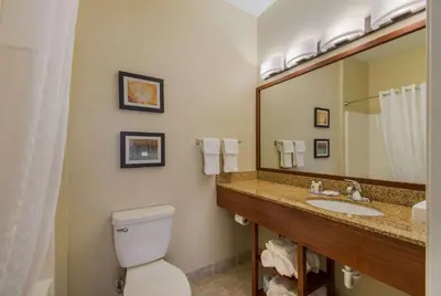 a bathroom with a toilet and a sink and a mirror at Comfort Inn & Suites Barnesville - Frackville in Barnesville