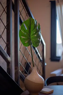 a green plant in a white vase on a table at Mayor's Study Loft at Kestrel Hotel in Philadelphia