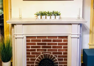 a fireplace with two candles and potted plants on top at CHARMING EXECUTIVE VICTORIAN MANSION w/ FREE PARKING - near Bucknell in Milton