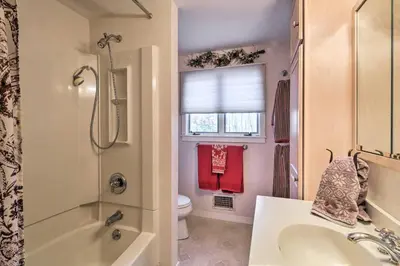 a bathroom with a shower and a sink and a toilet at Macungie Cabin with Fireplace Near Bear Creek Skiing in Macungie