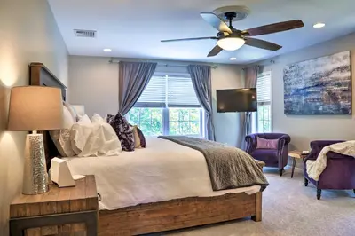 a bedroom with a bed and a ceiling fan at Colonial-Style Warwick Retreat - 1 Hour to NYC! in Warwick