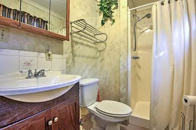 a bathroom with a sink and a toilet and a shower at 1 Mi to Lake Wallenpaupack Pocono Mountain Home! in Greentown