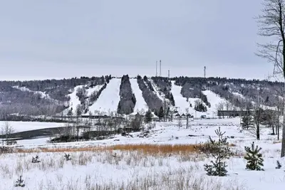 a snowy field with trees and a mountain at Lake Harmony Condo Less Than 1 Mi to Big Boulder Mountain! in Lake Harmony
