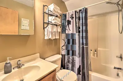 a bathroom with a sink and a toilet and a shower at Near Lake and Hiking Pocono Home with Hot Tub in Albrightsville