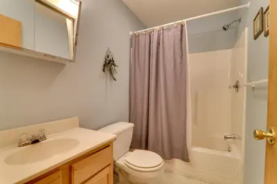 a bathroom with a toilet and a sink and a shower at Deck and Resort Amenities Arrowhead Lake Home! in Pocono Lake