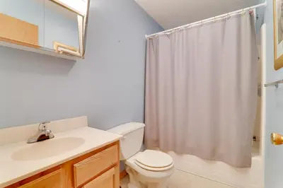 a bathroom with a toilet and a sink and a shower at Deck and Resort Amenities Arrowhead Lake Home! in Pocono Lake
