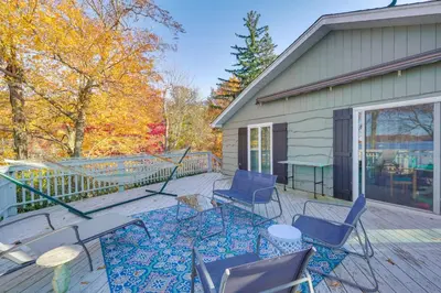 a patio with chairs and a table on a deck at By Mtn Creek Resort The Point on Highland Lake in Highland Lakes