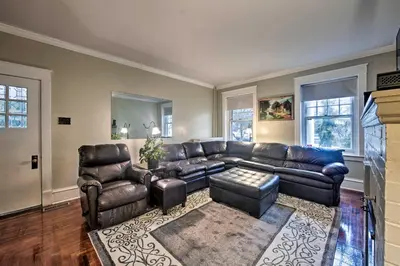 a living room with a leather couch and chairs at 2 Mi to Reading Pagoda Spacious Home with Deck! in Reading