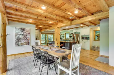 a kitchen and dining room with a table and chairs at Secluded Cabin with Boats Less Than 6 Mi to Jenny Jump! in Great Meadows