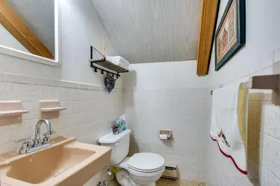 a bathroom with a toilet and a sink at Fire Pit and Community Perks Gouldsboro Cabin! in Gouldsboro