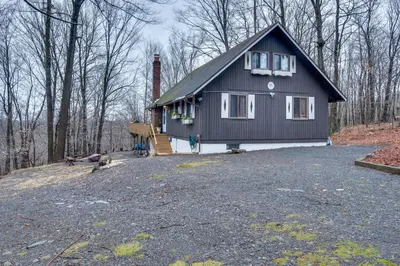 a black and white house in the woods at Fire Pit and Community Perks Gouldsboro Cabin! in Gouldsboro