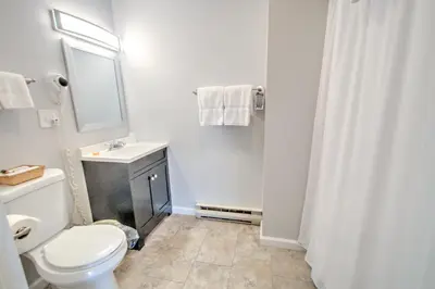 a white bathroom with a toilet and a sink at East Shore Lodging in Hawley