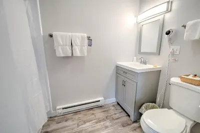 a bathroom with a toilet and a sink and a mirror at East Shore Lodging in Hawley