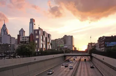 a highway with cars on it in a city at Abode XS House Stunning Architectural Flat in Philadelphia
