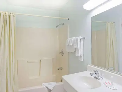 a white bathroom with a sink and a shower at POCONO NIGHT LODGE in Bartonsville
