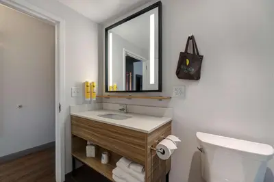 a bathroom with a sink with a mirror and a toilet at Tru By Hilton Grantville, Pa in Grantville