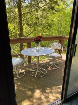 a table and two chairs on a deck at Saw Creek Cabin - Regent Hilltop in Bushkill