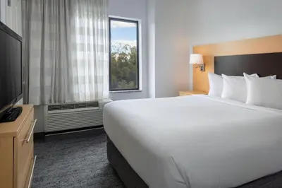 a hotel room with a large bed and a window at TownePlace Suites by Marriott York in York