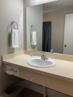 a bathroom counter with a sink and a mirror at Country Squire Inn and Suites in New Holland