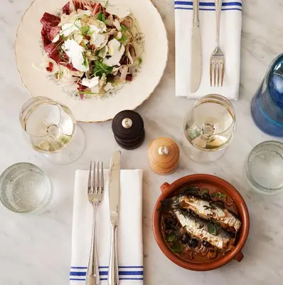 a table with a plate of food and a bowl of food at The Marlton Hotel in New York