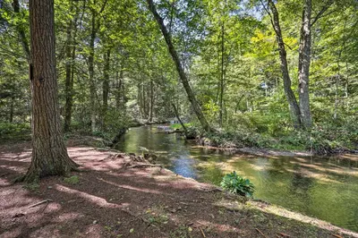 a stream in a wooded area with a river at Relax Fireside! Retreat 16 Mi to Camelback Resort in Saylorsburg