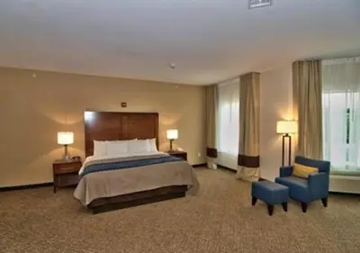a large hotel room with a bed and a chair at Comfort Inn Apalachin - Binghamton W Route 17 in Apalachin