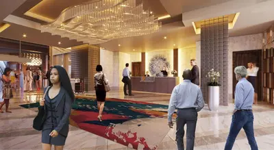 a rendering of people walking in a lobby at Live! Casino & Hotel - Philadelphia in Philadelphia