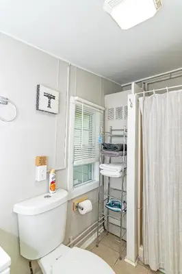 a white bathroom with a toilet and a window at Camelback cottage - on ONE ACRE & near local attractions in Tannersville