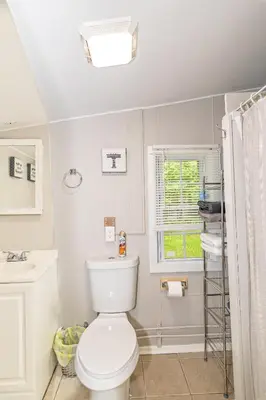 a white bathroom with a toilet and a window at Camelback cottage - on ONE ACRE & near local attractions in Tannersville