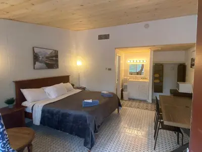 a hotel room with a bed and a table and a desk at Sussex Motel in Wantage