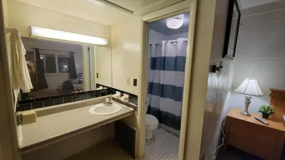 a bathroom with a sink and a toilet and a mirror at Sussex Motel in Wantage