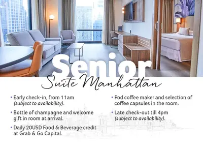 a flyer for a hotel room with a room at Riu Plaza Manhattan Times Square in New York